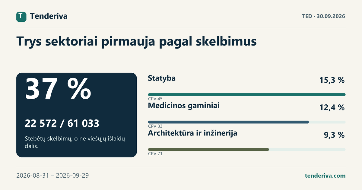 Stebėtų TED skelbimų pasiskirstymas tarp trijų pagrindinių CPV grupių ir kitų sektorių laikotarpiu 2026-08-31 – 2026-09-29.